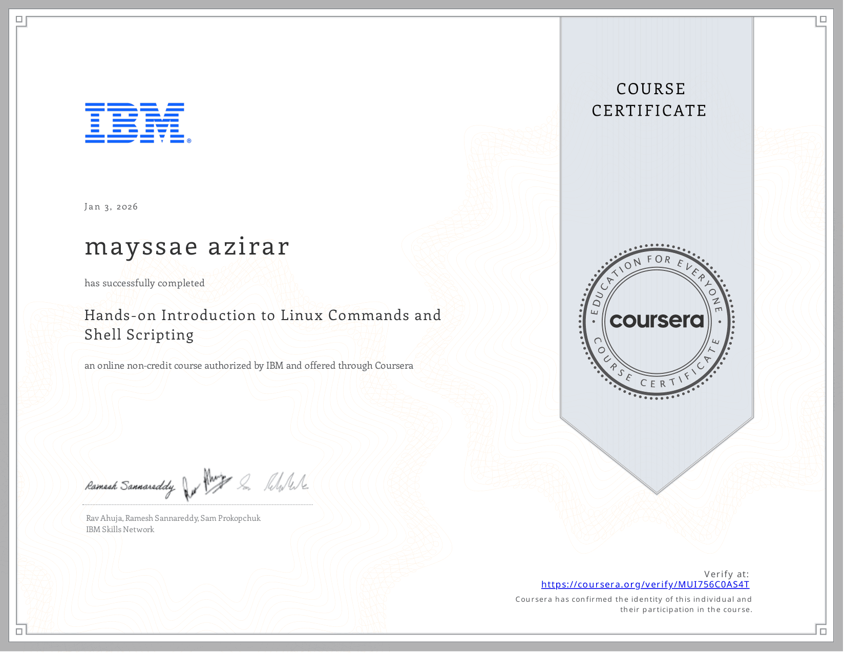 Hands-on Introduction to Linux Commands and Shell Scripting — IBM certificate
