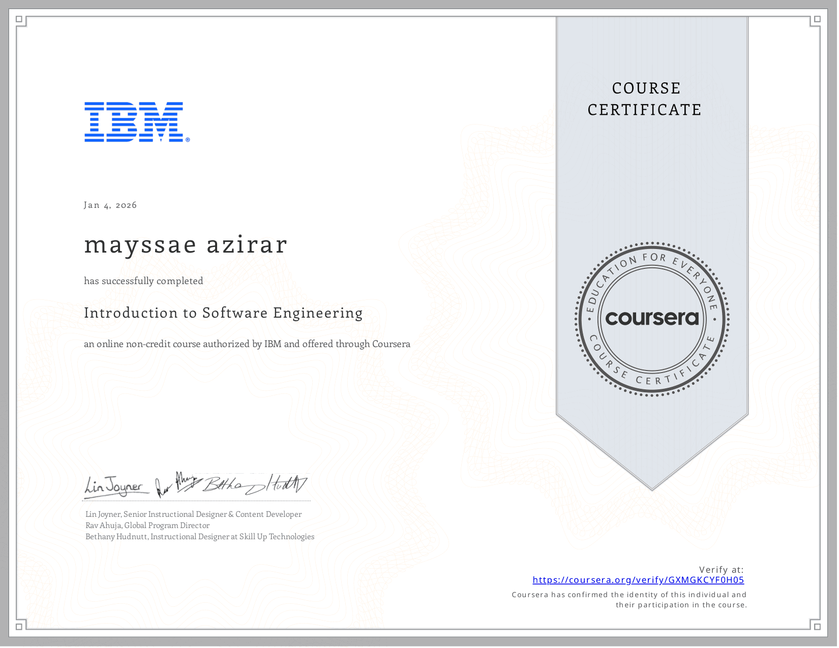 Introduction to Software Engineering — IBM certificate