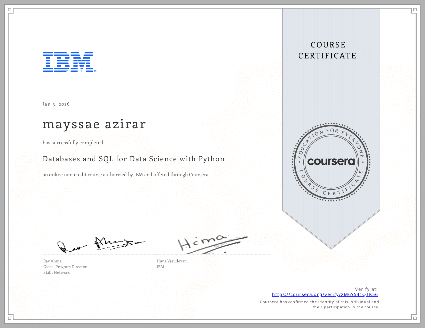 Databases and SQL for Data Science with Python — IBM certificate